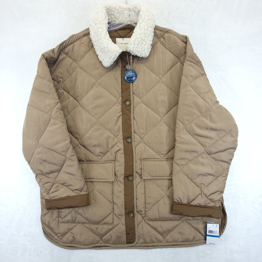 Lucky Brand Womens XL Faux Fur Collar Lined Quilted Jacket Brown NWT $180